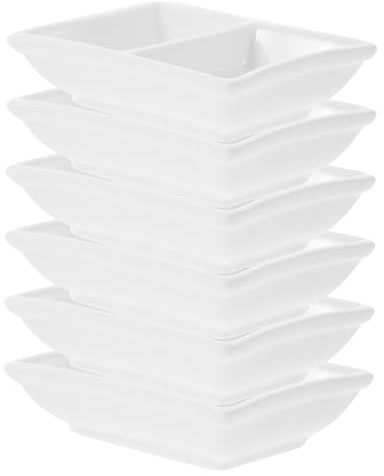 TOBBOMEY Petit Bol En Céramique à Deux Compartiments 3,5 Pouces, Récipient à Sauce En Céramique Blanc, Assiette à Dip Pour Condiments, Ensemble De 6 Pièces, Adapté Pour Maison, Barbecues Et Pique-