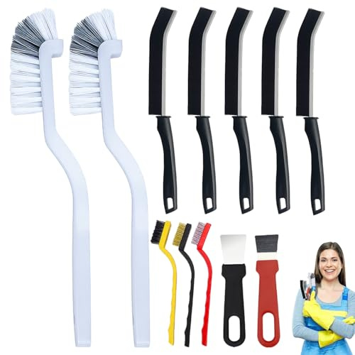 BieMian 12Pcs Hard Bristle Crevice & Tile Brush, Long Handle | 12Pcs hard bristle brush set with long handles. Ideal for grout, tiles, windows & tight spaces. Durable.