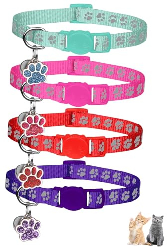 FrostyFlair Katzen Halsbänder, 4 Stück Reflektierende Katzenhalsbänder mit Glöckchen, Sicherheitsverschluss & Pfotenanhänger, Breakaway Halsband für Kätzchen (Lila, Hotpink, Rot, Türkis)
