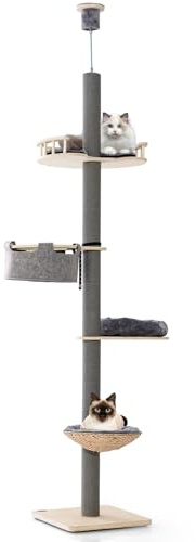 SOARS Kratzbaum deckenhoch, 236-271 cm hoher Katzenbaum mit 4 Ebenen, Liegemulde, 10 cm dickem Stamm, Katzenkratzbaum Deckenspanner höhenverstellbar, Kletterbaum für Katzen