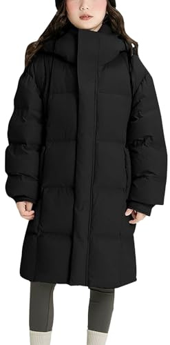 Abrigo largo de invierno con capucha para niña, chaqueta acolchada cálida para adolescentes, longitud media, impermeable, resistente al viento, ropa de plumón aislada, Negro, 15-16 años
