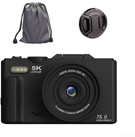 Appareil photo numérique 5 K 75 MP, zoom 18 x avec écran rabattable de 7,6 cm, caméra WiFi HD pour étudiants, selfies, vlogging, voyage, noir