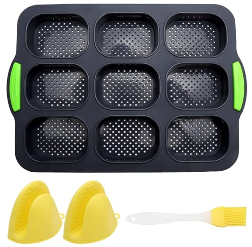 SERYUUT Silikon Brötchen Backform – 9-Loch Antihaft Gärform Set mit Isolier-Handclip & Öl-Pinsel – BPA-freies Lebensmittelsilikon Backofen ideal für Familienküche, Anfänger & Profibäcker