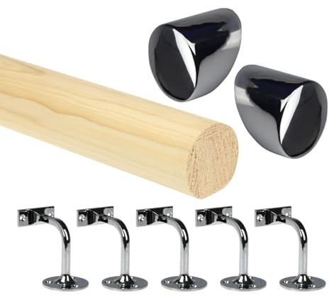 Pine Round Mopstick Handrail Kit with Wall Brackets & End Caps – 1200–4200mm, Chrome/Black/Nickel/Brass (Chrome, 4200mm)