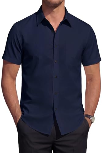 HISDERN Chemise Homme Manches Courtes Stretch sans Repassage Regular Fit Business Décontracté Chemise d'Été Habillée avec Poche