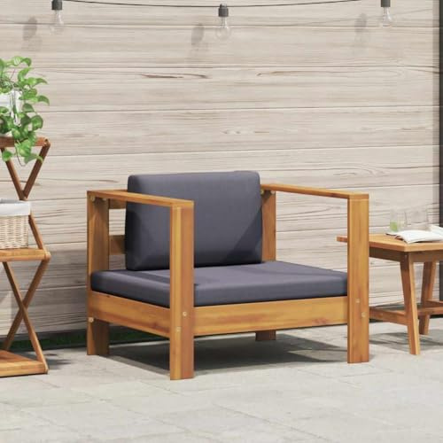 Hoopleep Gartenstuhl Akazie Massivholz Teak-Optik Dunkelgrau, Wetterfestes Loungemöbel für Terrasse & Balkon, Komfortabler Sessel mit 10cm Polsterauflagen