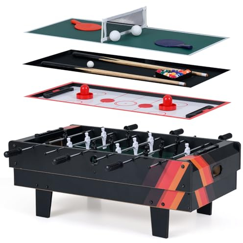 GYMAX 4 in 1 Multi Game Table, Combo Games Table Set with Foosball, Ping Pong, Hockey, Billiard, Complete Accessories for Kids Adults Party Gatherings (Black)