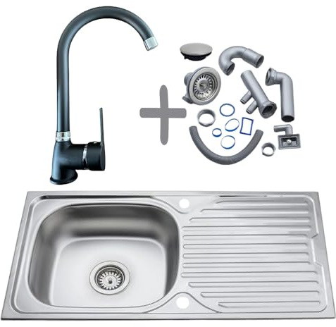 Évier de cuisine en acier inoxydable 86 x 43,5 x 13cm rvs 304 avec robinet de cuisine chromé – Évier encastrable 1 bac avec égouttoir, siphon inclus – Kit complet