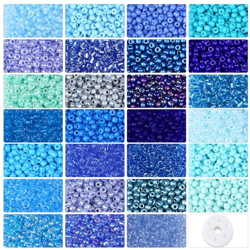 AWARDSEN Set di perline blu in vetro per bracciali, perline di vetro da 3 mm, da infilare con scatola contenitore, 27 colori, 8600 pezzi, piccole perle di cristallo, perline con foro per fai da te