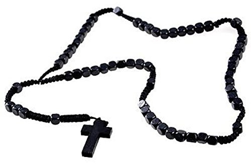 DonDon Holz Rosenkranz - Halskette mit schwarzen Perlen