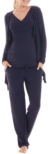 Herzmutter mammapyjamaset för kvinnor - ammande pyjamas i tre delar - graviditets wellness set - loungewear för graviditet och amning - kofta med byxor – 8100 (Mörkblå, L)