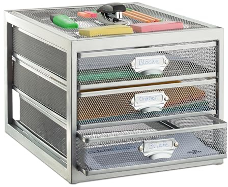 Relaxdays Schubladenbox, 3 Schubfächer, für Din A4 Dokumente, Ordnungssystem für Schreibtisch, Aktenablage, Silber
