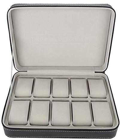 Caja de Relojes Con 10 Ranuras - Estuche de Madera, Almohadillas Extraíbles, Cierre de Metal Con Cremallera - Almacenamiento y Soporte