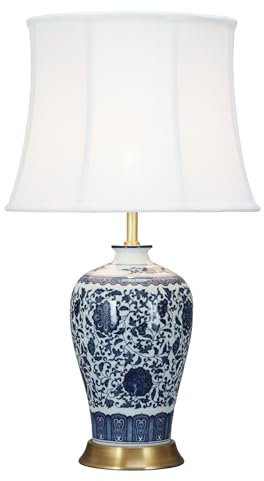 Fine Asianliving Lámpara de Mesa de Porcelana Clásica Loto Azul D.38xA65cm Cerámica porcelana Luz de mesa China Chino Oriental con pantalla Jingdezhen Mandarin Deco