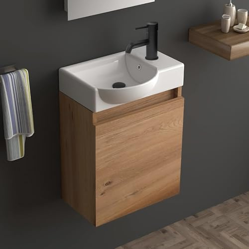 Alpenberger kleines Waschbecken mit Unterschrank 45 cm Gäste WC hängend | Kleines Waschbecken Gäste WC: wandhängend, grifflose Front, Soft-Close Tür, mit Überlauf – Keramik & MDF, Links Becken