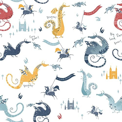 Kindertapete, blau, rot, gelb mit Ritter und Drachen, G78369