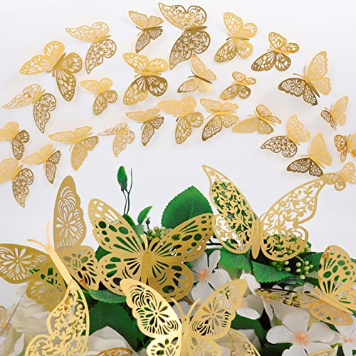 Nelotaor 144 Pcs Butterfly Wall Decor, 3 Styles 3 Sizes 3D Gold Butterfly, Wedding Decorations, Birthday Party Decorations, Girls Bedroom Decoration(144 Pcs, Gold)