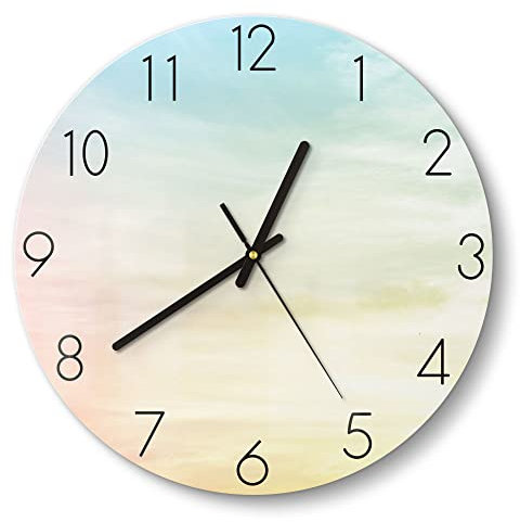 DEQORI Glasuhr | rund Ø 30 cm | Motiv Pastelliger Himmel | ausgefallene leise Design Uhr aus Glas | Wanduhr für Wohnzimmer & Küche | moderne Hingucker Uhr für die Wand