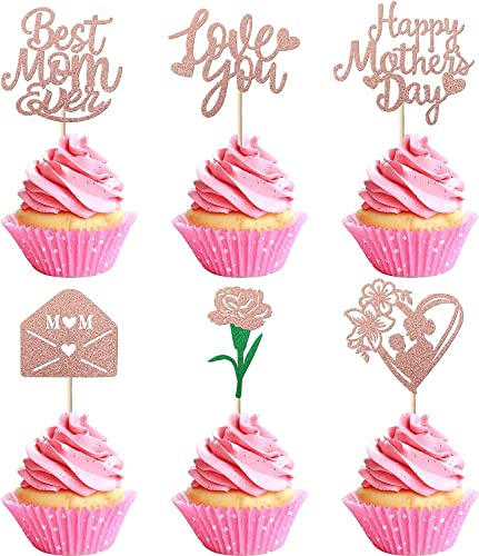 24 Stück Happy Mother's Day Tortendeko Glitzer Rose Briefkasten Love You Mom Kuchen Dekoendeko Cupcake Toppers Best Mom Torten Dekorationen für Muttertag Partyzubehör Rosegold