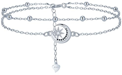Lydreewam Lune et Étoile Bracelet de Cheville pour Femme Argent Sterling 925 Double Chaine de Cheville Été Pieds Nus Plage Bijoux de Pied, Réglable 22+4cm