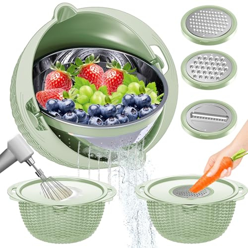 4-1 Colander with Fruit Bowl Set - Colander for Kitchen, Rotatable Strainers and Colanders(Patented), Pasta Strainer with New Upgraded Graters for Fruit, Veggie, Aesthetic Kitchen Essentials - Green