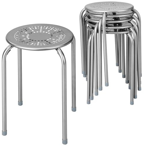 COSTWAY Set of 6 Metal Stacking Stools, Round Nesting Bar Stool with X-shape Connection & Anti-Slip Foot Pads, Breakfast Dining Seating for Home Kitchen Office, Support up to 120kg (Grey)