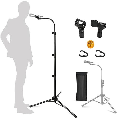 Mic Stand, Boom Microphone Stands Tripod Gooseneck Microphone Stand Height Adjustable from 24 to 67 with 2 Mic Clips for Singing Stage Performance Party Mic Mount
