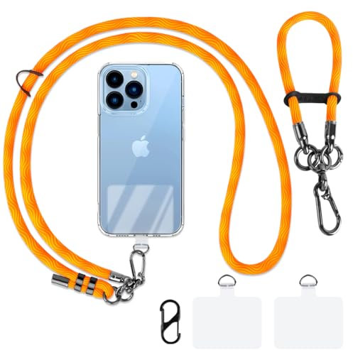 AULEEP Anti Theft Cell Phone Lanyard Crossbody, 2 Pcs Adjustable Phone Neck Safety Cross Body Strap & Wrist Strap for Women and Men with 2 Phone Tether Pads for iphone and All Smartphones (Orange)