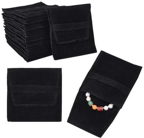 nbeads 24 Stk. Schwarzer Mikrofaser-Schmuckbeutel, Tasche Kosmetiktasche Samt-Schmuck-Klappentaschen Faltbare Umschlagtasche für Ohrringe Armbänder Halsketten Verpackung, 9.6×9cm