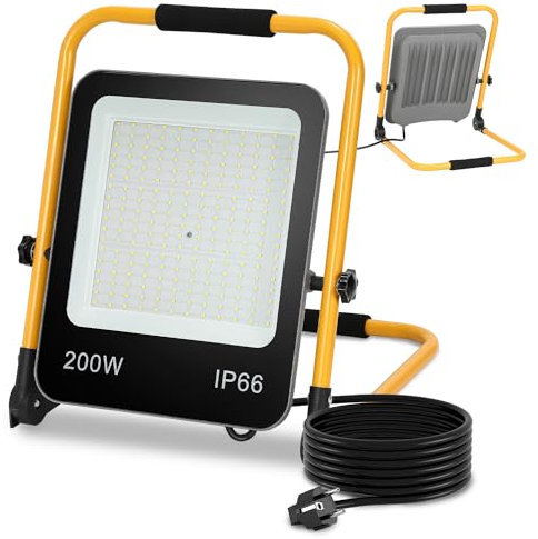 Fiqops LED Baustrahler 200Watt, Arbeitsscheinwerfer 6000k Kaltweiß, 18000LM Baulampe Bauscheinwerfer, Arbeitsleuchte, Wasserdicht IP66, für die Werkstatt, Baustelle Garage (3M Kabel mit Stecker)