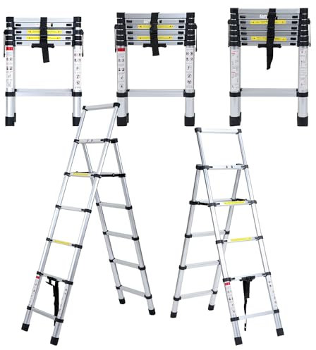 Fiqops Scala telescopica in alluminio, 1,7 m + 2 m, 5 + 6 gradini, telaio ad A, multiuso, scala allungabile per riparazioni di tetti