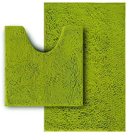 Flotstiga Set di 2 tappeti da bagno in ciniglia, super assorbenti, morbidi, spessi, lavabili in lavatrice, antiscivolo, a forma di U, 51 x 81 cm più 50 x 50 cm, colore verde