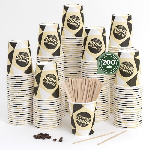 Horeca Collection MAXI PRODUCTS - 200 Unidades Vasos Café Desechables con Paletina - Vasos Cartón 200 cc - Vasos Desechables Catering - Vasos Café para Llevar - APTO BEBIDAS CALIENTES Y FRÍAS