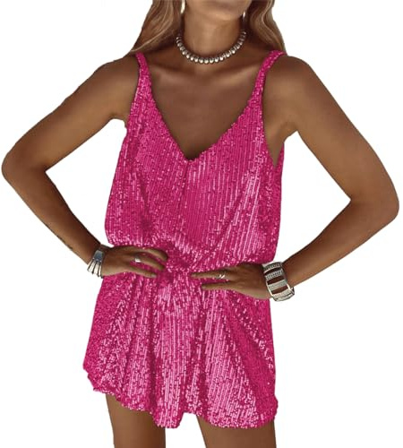 LIAOPUFUS Gonna in Paillettes, Abito Corto da Donna Camisole Sexy con Scollo a V, Bretelle Sexy, Aderente (63 Rosso Rosa, M)