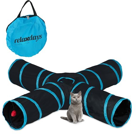 Relaxdays Kattunnel vikbar, 4 vägs, leksaker, interaktiva kattrör, HBT: ca 25 x 130 x 125 cm, tunnel, svart/blå