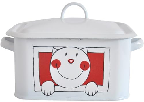 Boite À Pain Huche À Pain Motif Chat Et Chien De Style Country Rétro Bac À Pain, Plateau De Table Émail Artisanal Métal Boîte De Rangement De Gâteau, Cadeau (Color : White A, S : 1.3L)