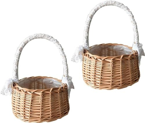 2 Stück Kle-iner Weidenkorb Mit Hen-kel, Streukorb Rattankorb, Streukorb Hochzeitskorb, Webkörbe, Hochzeits-Blumenkorb, Kle-iner Blumenkorb Für Hochzeiten, Brautjubiläum, Dekoration