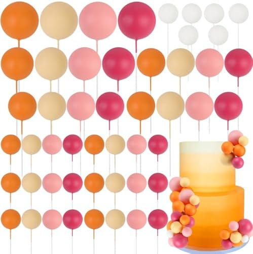 CORNER LACE 52 Pcs Goovy Theme Ball Cake Decorations - Rose Pink Orange Yellow White Ball Dessert Picks Cake Cupcake Toppers, Birthday Party Baby Shower Gender Reveal Cake Supplies