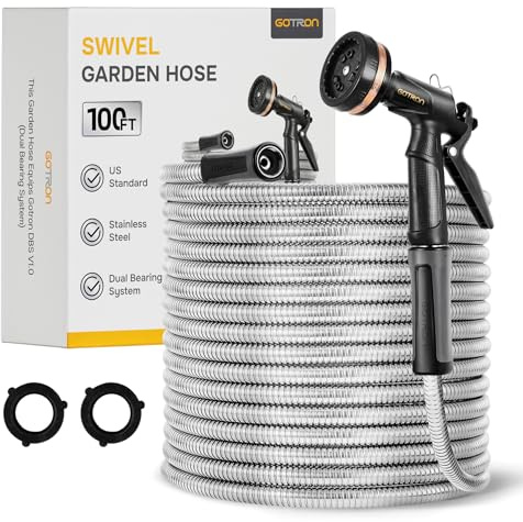 Gotron Water Hose 100 ft, Heavy Duty Metal Garden Hose with 9 Function Spray Nozzle, Lightweight, Kink Free and Drinking Water Pipe for RV, Outdoor, Yard, 100ft x 5/8, Female to Male