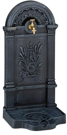 Relaxdays Fontana da Giardino in Stile Antico, 82,5x39x33 cm, Fontanella da Esterno, Rubinetto Acqua e Vaschetta, Grigio