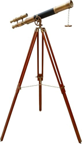 Télescope en laiton finition antique double baril en cuir noir avec trépied en bois marron sur pied Royal fait main authentique télescopique