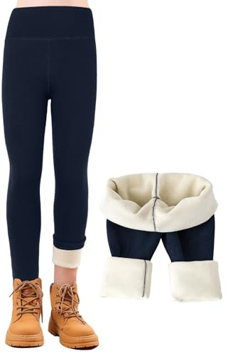 Kefiyis Leggings thermiques d'hiver doublés en polaire pour filles - Taille haute - Coton épais et chaud - Pour enfants de 3 à 13 ans, bleu marine, 130