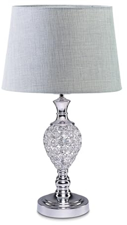 Hannah Luxury Elegant Chrome & Crystal Table Lamp with Grey Linen Shade