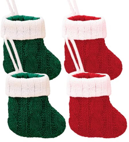 Wedhapy Weihnachtsstrümpfe 4pcs 10,9x9,9 cm Mini Weihnachtsstrümpfe grün und rot rustikale Weihnachtsstrümpfe aus Strick kleine Geschenktüten für Christbaumschmuck