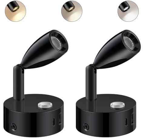 ERWEY 2er 12V LED Leselampe Wohnmobil, Stufenlose Helligkeit & 3 Farbtemperatur Modi Bettlampe, Wandlampe mit Ladefunktion USB A+C-Anschlüssen, für Auto Van Wohnwagen Innenbeleuchtung, Schwarz