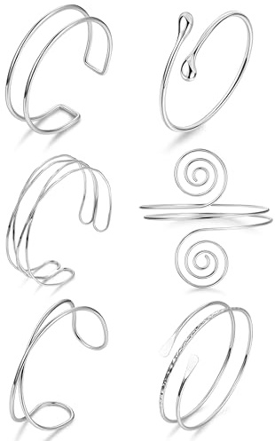 Vegolita 6Pcs Boho Coil Arm Cuff Bangle Set - Adjustable Arm Bracelet for Women