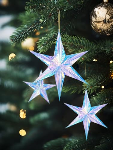 ZYOOO 5 Stück Irisierend Schillernde Stern Hängend Deko,Folie Holografische Glitzer Faltstern für Weihnachtsbaumanhänger,Silvester,Geburtstag,Party Deko(15cm,20cm,30cm)