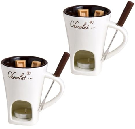 2PCS Fondue Chocolat Bougie, Tasses à Fondue Au Chocolat, Céramique, Tasse à Fondue Candy 130 Ml avec Fourchette pour Dîner Chauffe-Beurre Tapas à La Maison, Fondoir pour Chocolat et Fromage, Brun
