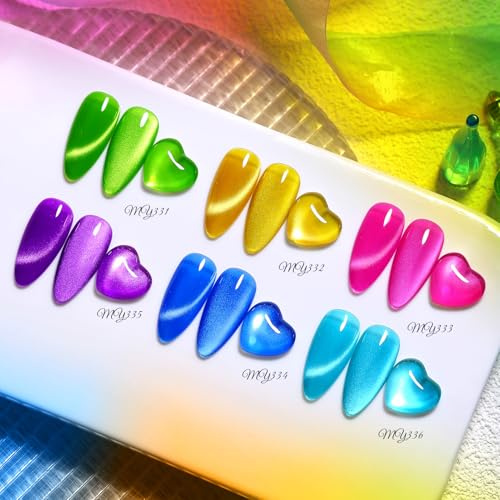 BORN PRETTY Magnetic Gel Nail Polish Neon Colors Glass Cat Magnet Eye Gel Polish Set Shimmer Pearl Jelly Translucent Gel Varnish for Salon DIY at Home 6 Pcs