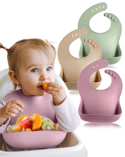 Silicone Baby Weaning Bibs – BPA-Free Food-Grade Silicone Feeding Bib with Deep Food Catcher Pocket & Adjustable Tie-Back Fit, Waterproof, Easy Clean, Dishwasher Safe, for Babies 6–12+ Months